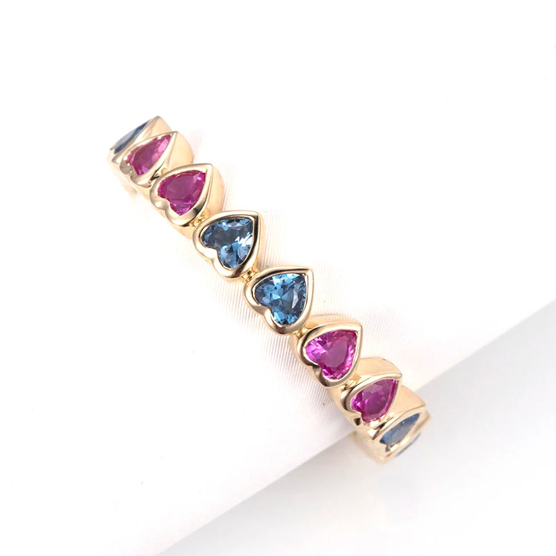 Rainbow Trendy Ring Heart Cut 9k Yellow Gold Corundum Ring for Women Lab Grown Emerald