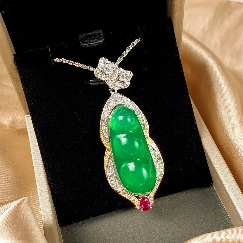 REDheart Inlaid Green Chaltony Fudou Brass Necklace with Zircon Flower Shape Pendant Rhodium Plated Women's Jewelry Set