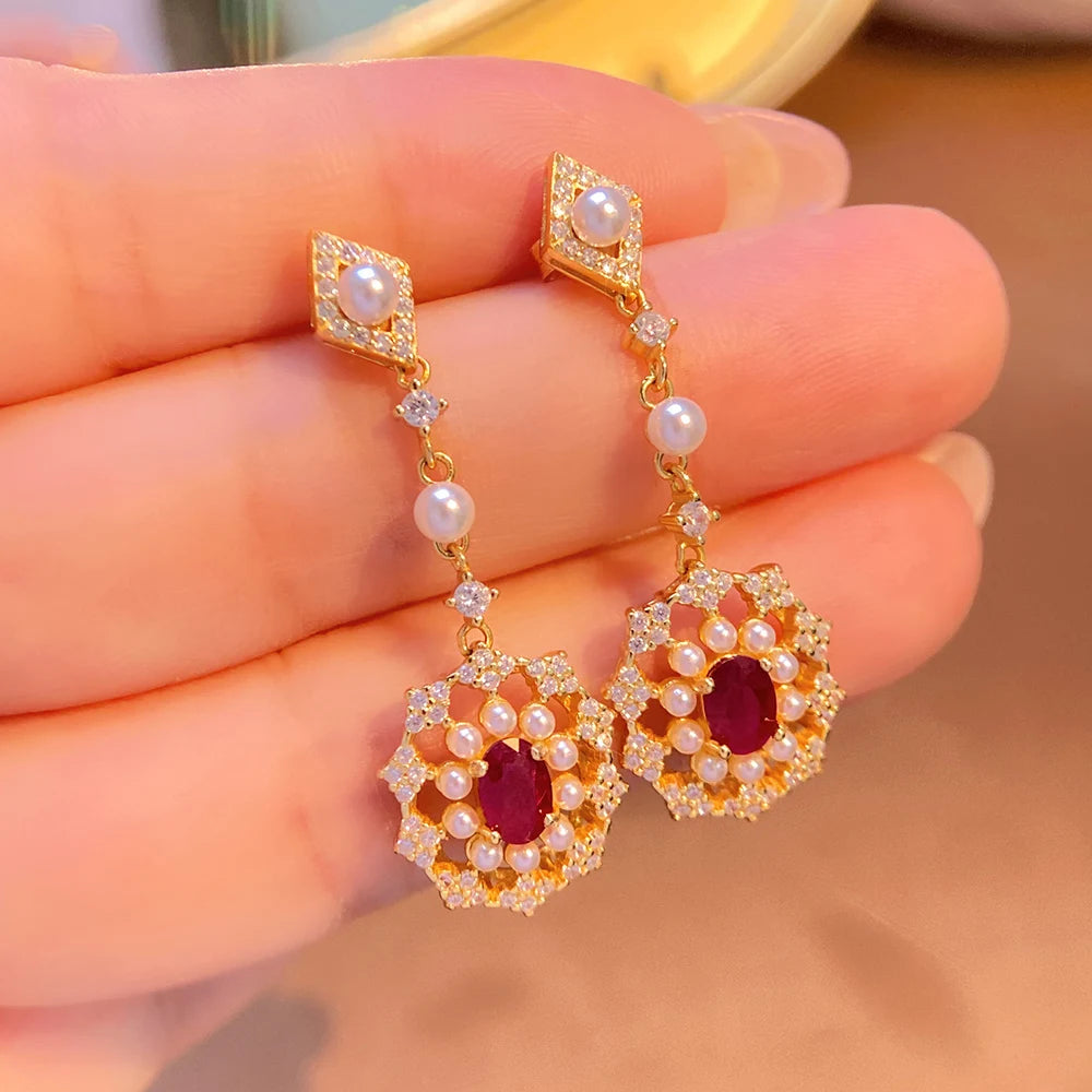 Gioiellieri 925 Sterling Silver Oval Cut Ruby Natural Stone Claw Setting Gold Plated Drop Earrings Luxury Jewelry Gift Women Party Occasion
