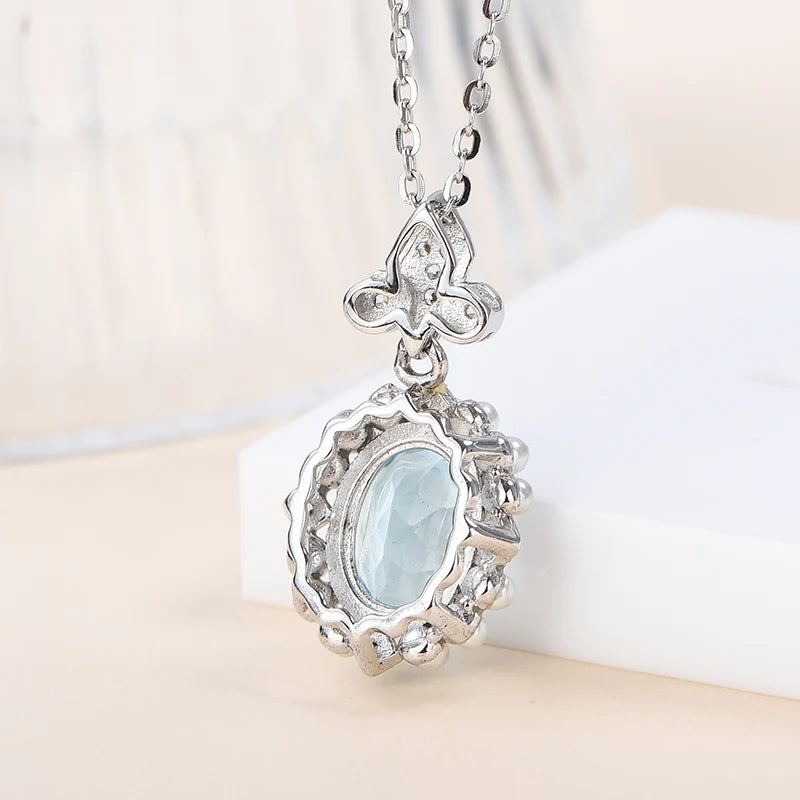 Gioiellieri Custom Women's Necklace Rhodium Plated Oval Cut Sky Topaz 925 Sterling Silver Pendant Natural Stone Claw Setting CMA