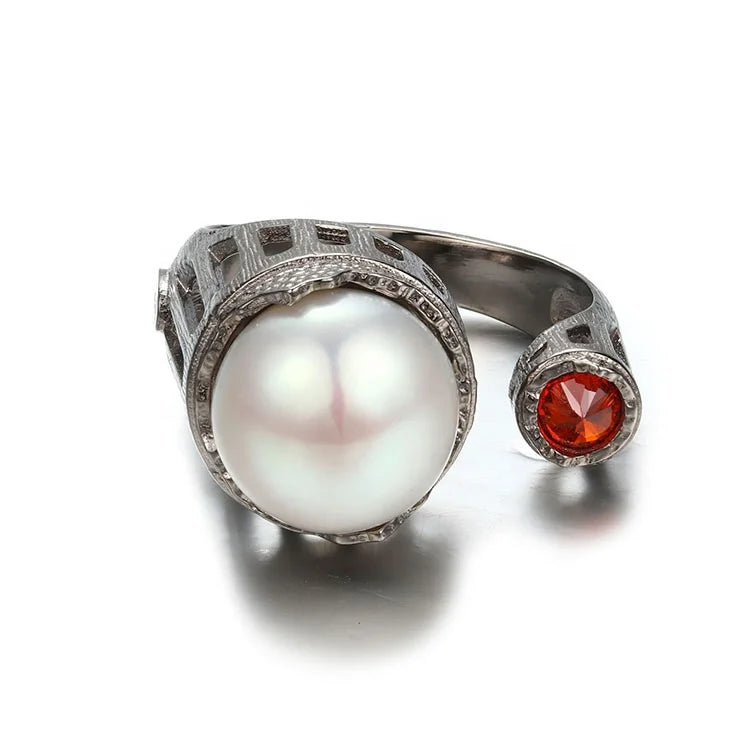 New Design Adjustable Sterling Silver Rings Resizable Button Pearl/red Zircon Wedding Ring