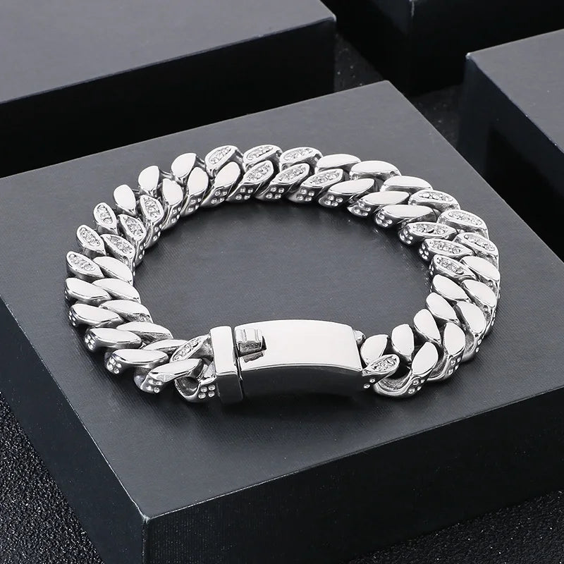 KALEN Vintage Fine Jewelry Fashion Bracelets Men Stainless Steel Rhinestones Cuban Links Bracelet Bangle