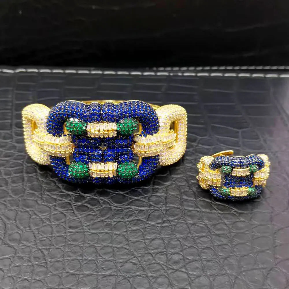 H262A Luxury 3 Rows 2PCS Zircon Bracelet Ring Earring Set Women Wedding Zircon African/Indian/Dubai Bridal Jewelry Set