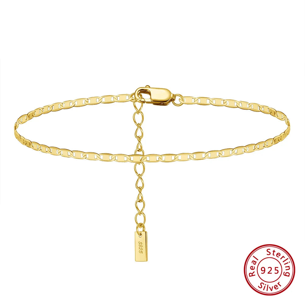 RINNTIN 14K Gold Color Adjustable Link Bracelet Anklet for Women Beach Foot Jewelry 925 Sterling Silver Leg Cuban Chain Anklets