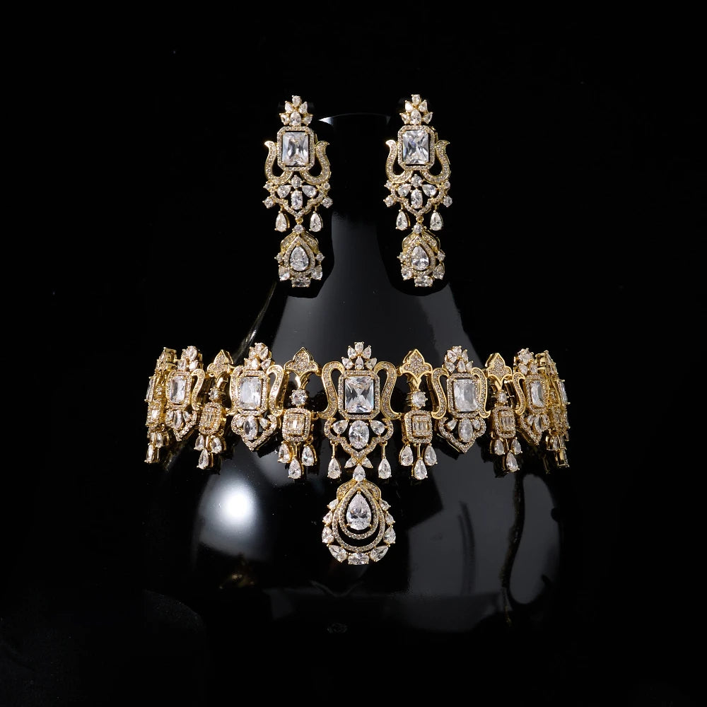 018269 Luxury Color Bridal Choker Necklace with Earrings for Women Cubic Zircon Wedding Jewelry Sets Brides Accessories Indian