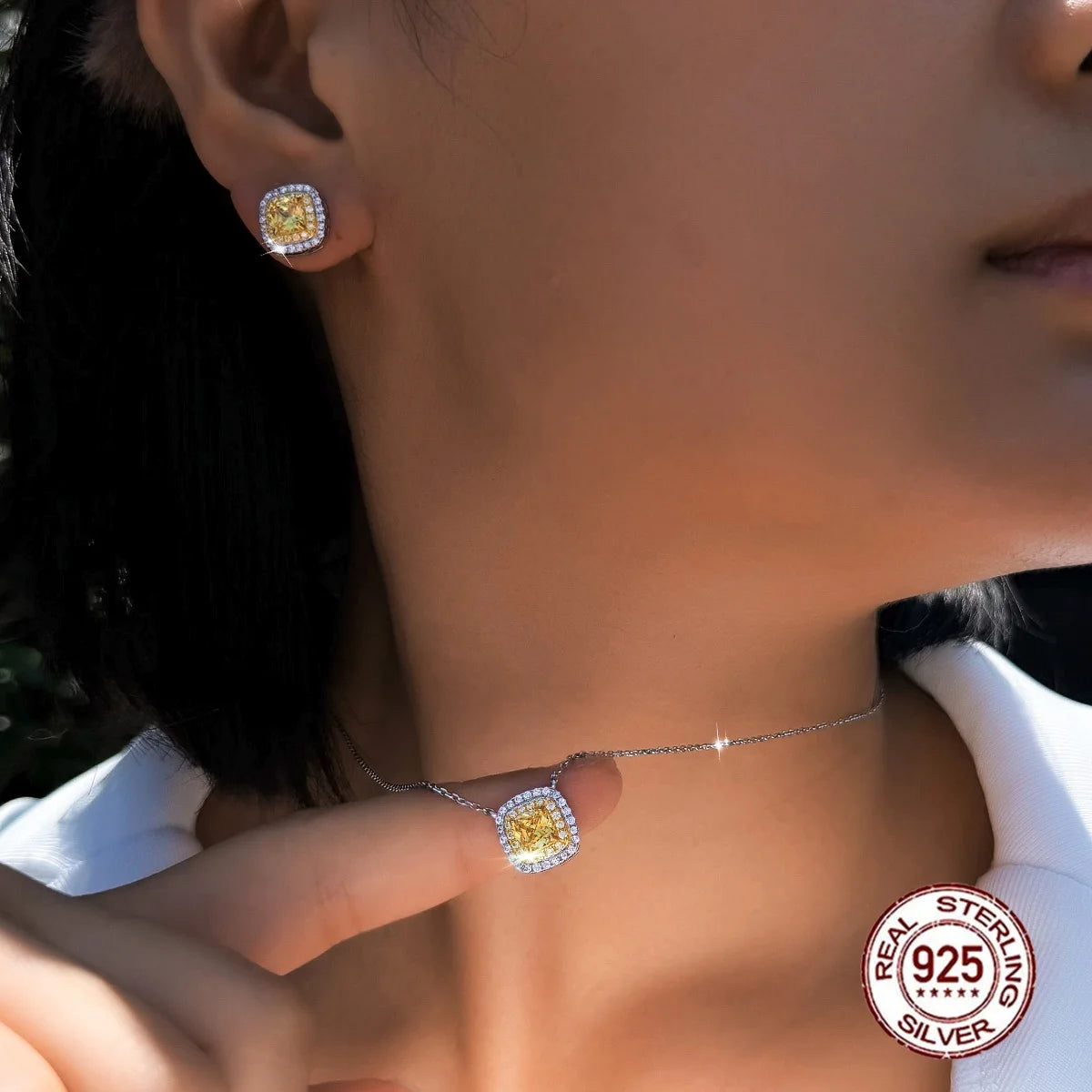 925 Sterling Silver Double Halo Necklace Earrings Simulated Canary Yellow Diamond CZ Pave Jewelry Set for Women Sensitive Skin