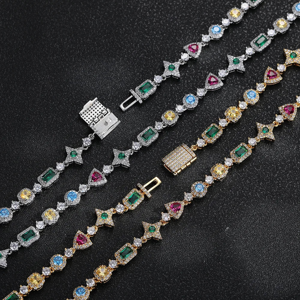 Luxury Geometric Zircon Tennis Necklace for Men and Women Colorful Gemstone Gold Plated Hip-Hop Necklaces