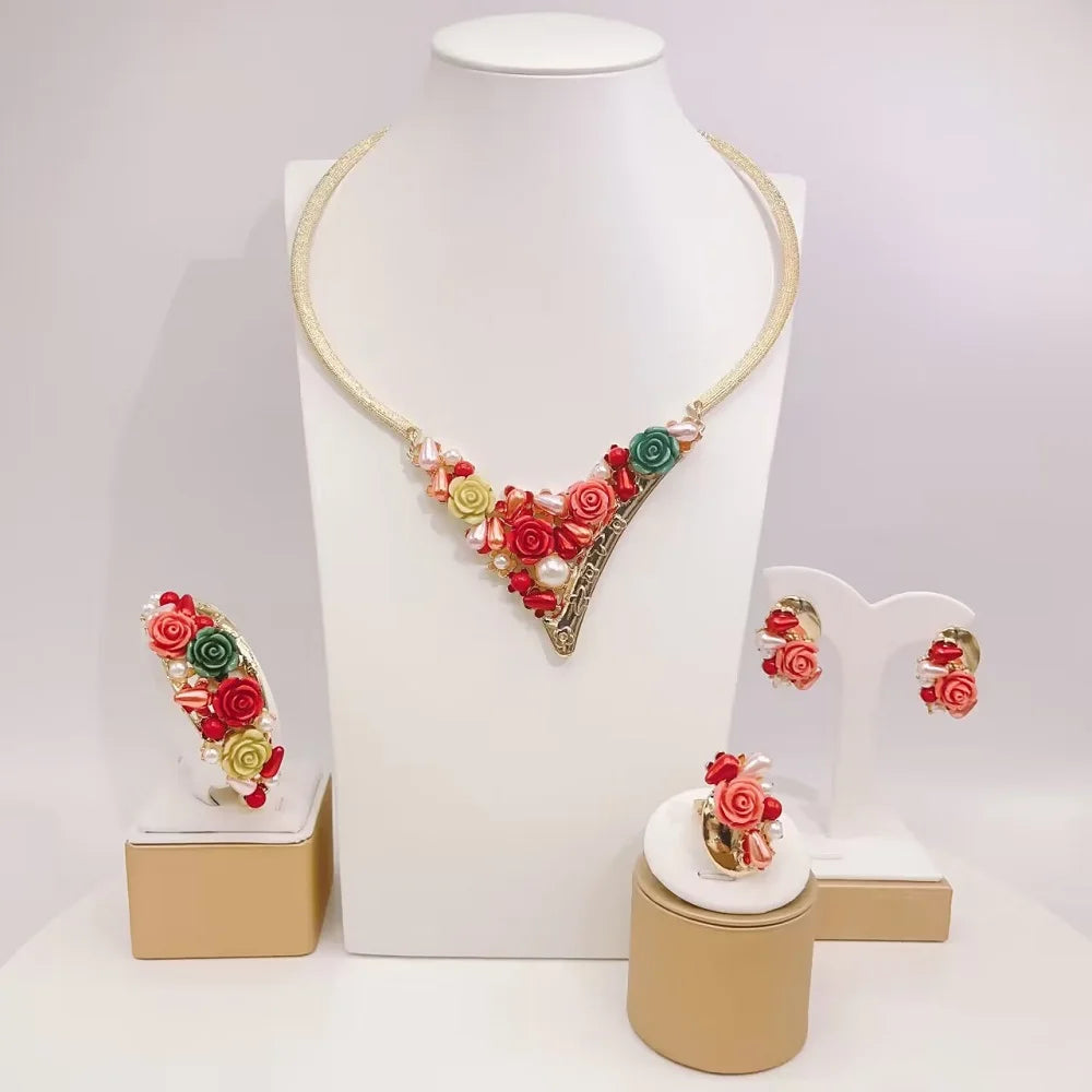 Zhuerrui Italian Gold Luxury Wedding Jewelry Sets Multi Color Flowers Necklace Bracelet Jewellery Set High-end Luxury H00707