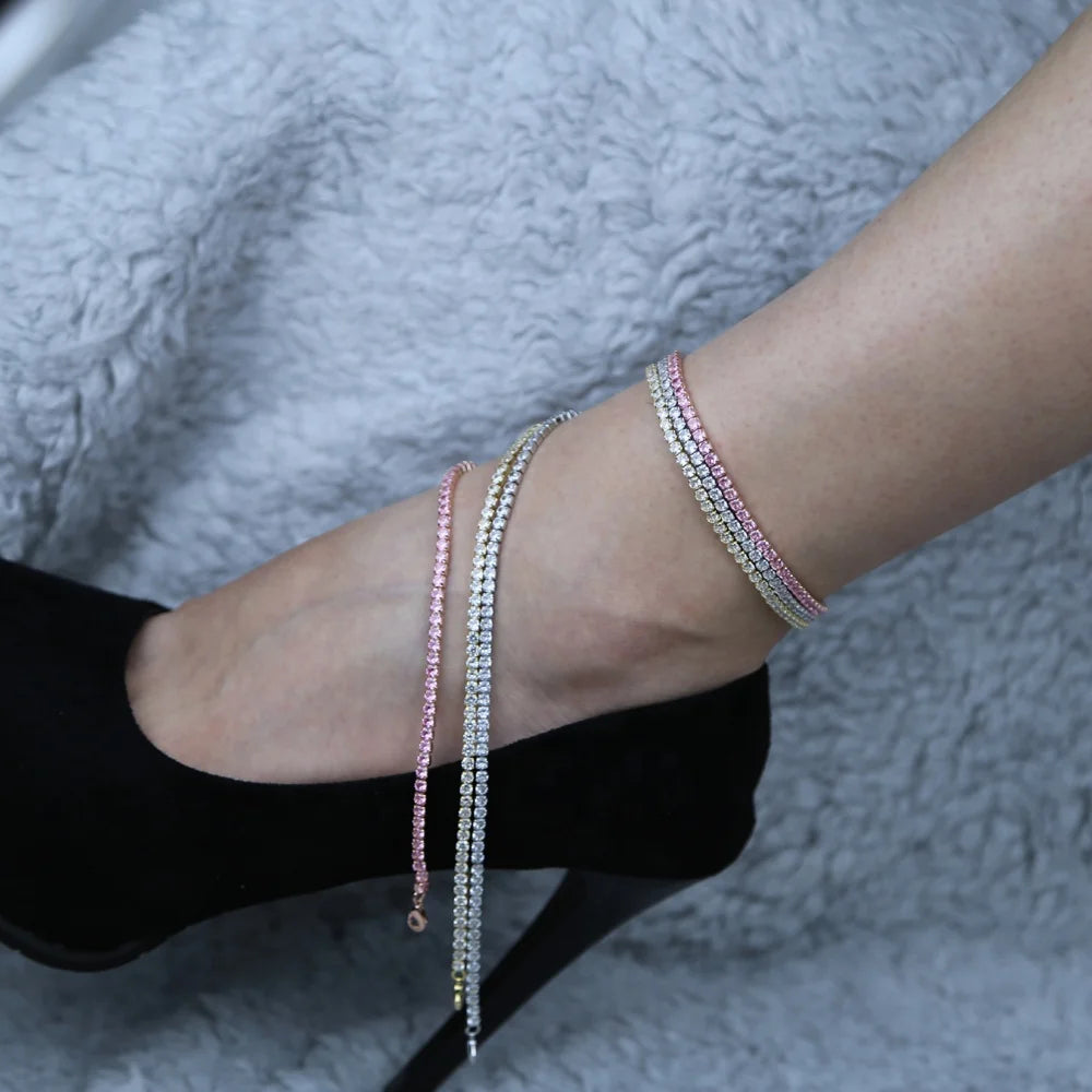3mm Micro Pave CZ Iced Out Bling Tennis Chain Anklet Trendy Summer Girl Women Leg Chains with Zircon for Gift