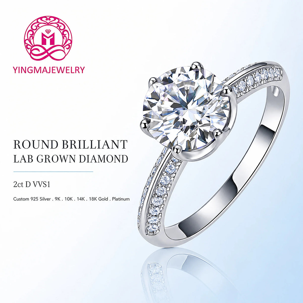 Gioiellieri Glam Half Pave Shank Cultivated Diamond Fashion Ring 2ct D VVS1 Round Brilliant Cut 9K-18K Gold Premium Fine Jewelry