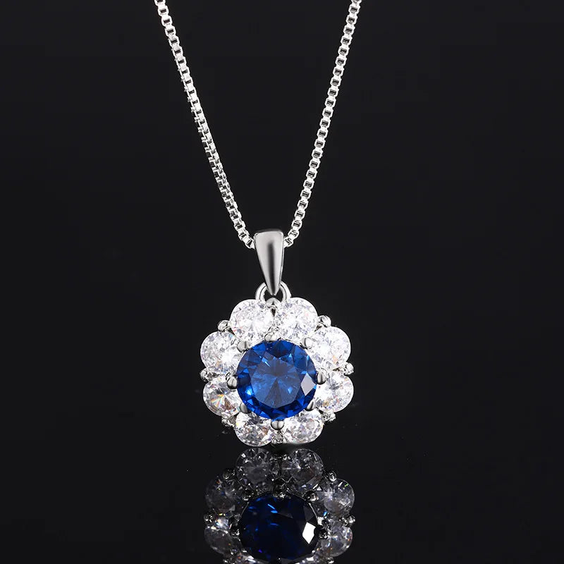 Gemfiori Korean Jewelry Natural Blue Zircon Pendant Egg Shaped Flower Fresh Sweet and Fashionable Set