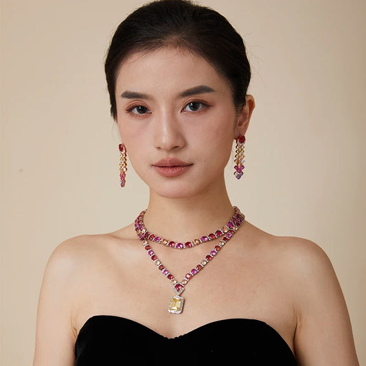 Rainbow High-End Jewelry Dubai Set Exaggerated India Zircon Double-Layer Necklace Long Earrings Trendy Women's Gifts Engagements