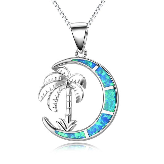 Aobao Christian Plant Hawaii Ocean Blue Moon Coconut Tree Pendant Palm Tree Opal Sweater Chain Link Chain Copper Necklace