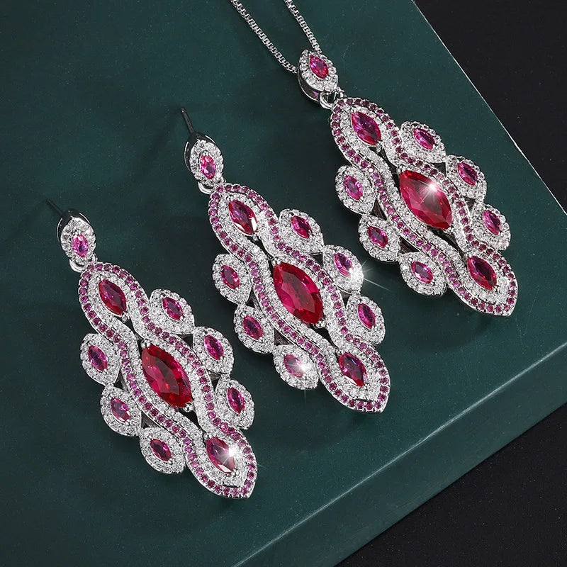 Gemfiori Retro Court Style Jewelry Bridal Gown Fashionable Water Droplet Flower Sexy Sparkling Zirconium Earring Pendant Set