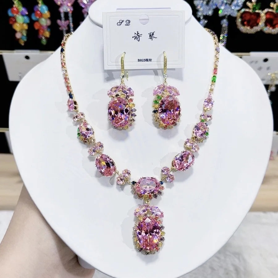K055 High End Trendy Luxury Exquisite Multi Zircon Necklace and Earrings Set Women Elegant Jewelry Set for Party