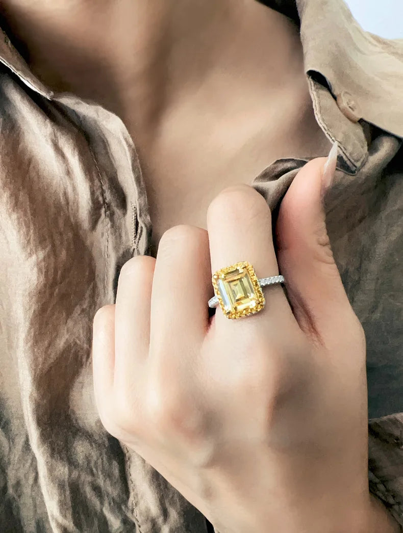 MuShan Jewelry Factory 5.5ct Gold Plated Package Set with 8 * 10 Yellow Diamond Pink Diamond Square Sugar Ring S925 Pure Silver