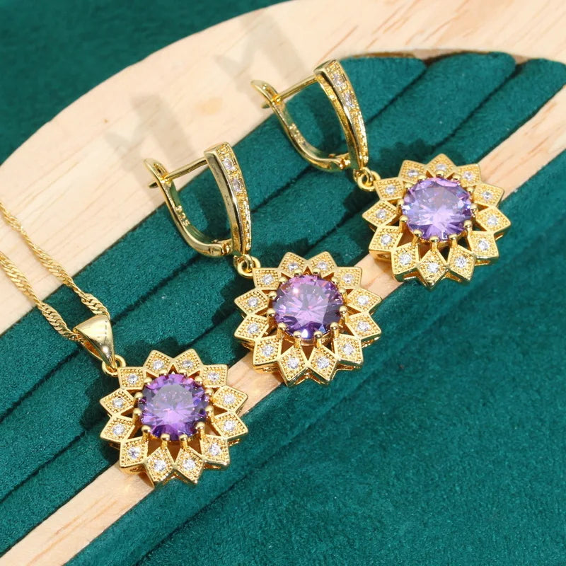 XOTICA Exquisite Purple Zircon Gold Color Jewelry Set for Women Banquet Bracelet Earrings Necklace Pendant Ring for Wedding or Party