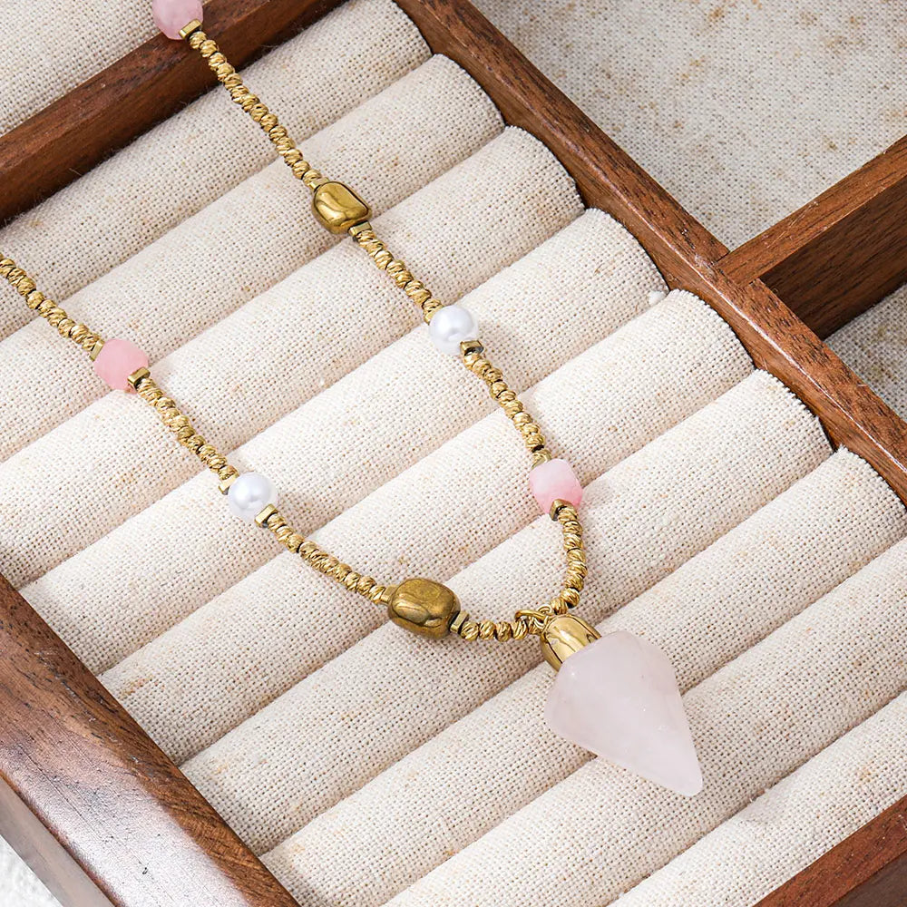 Joolim PVD Plated Wholesale Waterproof Boho Healing Conical Fish Pendant Natural Stone Beaded Necklace Stainless Steel Jewelry