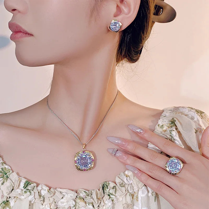 REDheart Fashion Trendy Flower Design Zircon Brilliant Cut 18K Gold Plated Women's Retro Suit Accessories Copper Set Brushed Road Opening