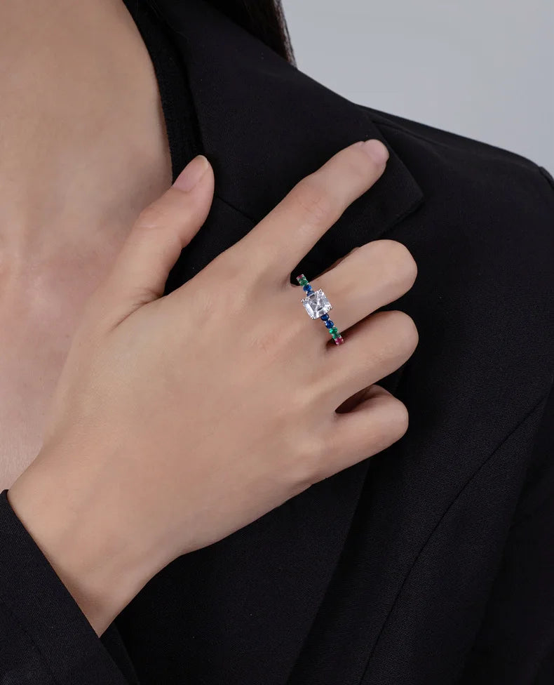 SILVERELLI High Carbon Diamond Ring with Coloured Row Diamond 925 Sterling Silver