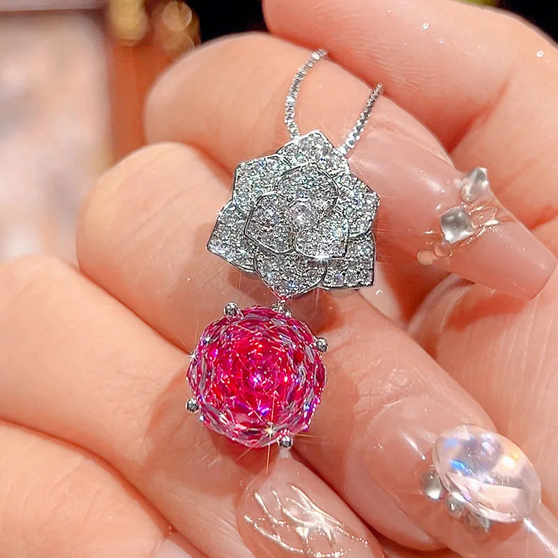 Gemfiori High Quality Luxury Rose Pendant Necklace Earring Set for Women Sparkling pink Zircon Earrings Engagement Party Accessories