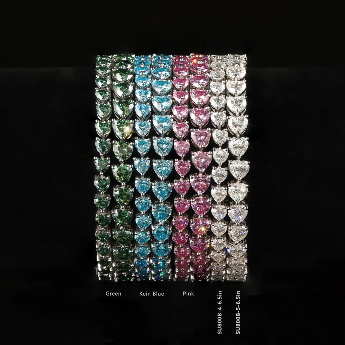 Gemfiori Custom Romantic Heart Shape Colored White Pink Green Blue Moissanite 4MM 5MM 6.5IN 925 Silver Tennis Bracelet in Stock