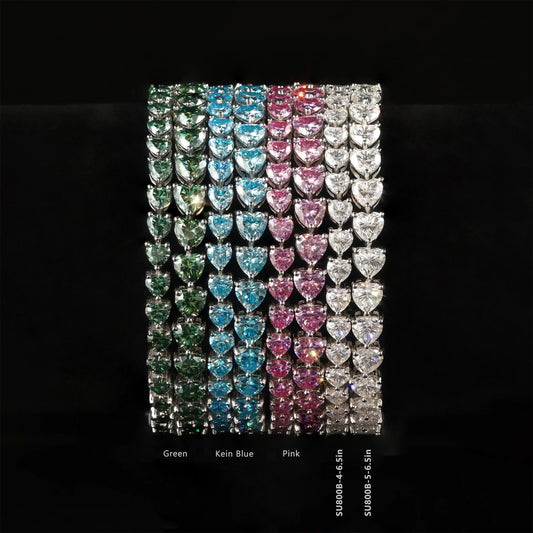 Gemfiori Custom Romantic Heart Shape Colored White Pink Green Blue Moissanite 4MM 5MM 6.5IN 925 Silver Tennis Bracelet in Stock