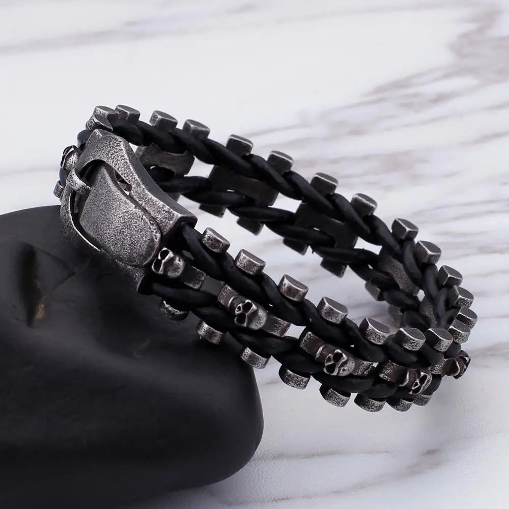 KALEN Charm Mens Skull Jewelry Leather Rope Braided Bracelet Handmade Stainless Steel Black Matte Punk Bracelets for Men