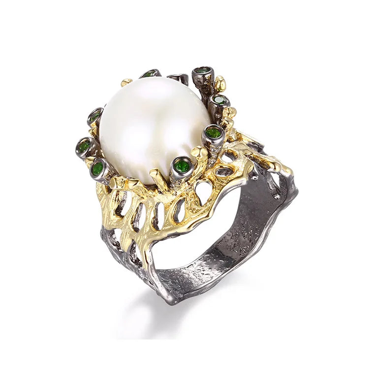 Perfect Baroque Button Pearl 925 Sterling Silver Jewelry Black Ring