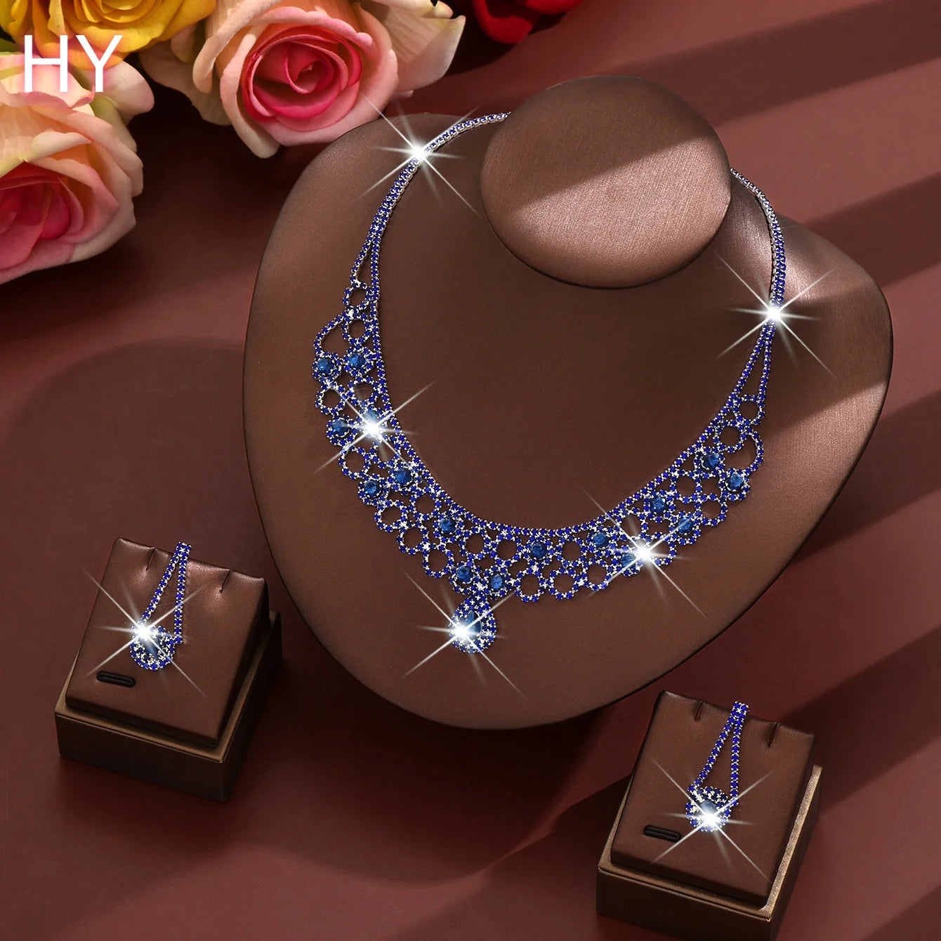 HY Wholesale of Party Accessories Popular Golden Fashionable Colored Diamond Necklace and Earring Sets