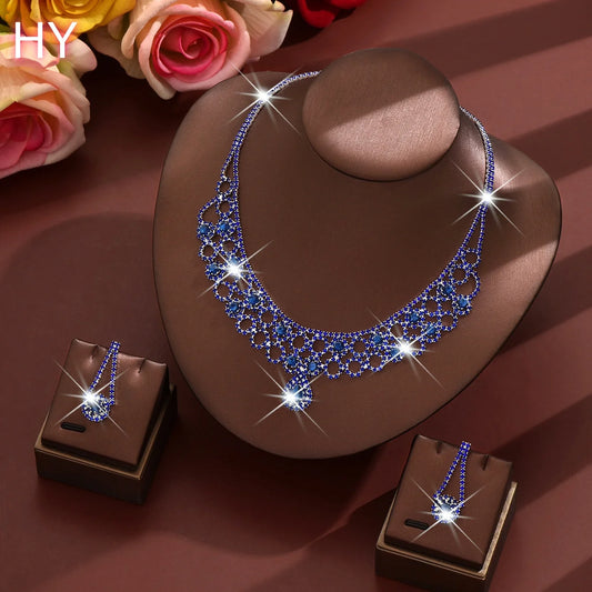 HY Wholesale of Party Accessories Popular Golden Fashionable Colored Diamond Necklace and Earring Sets