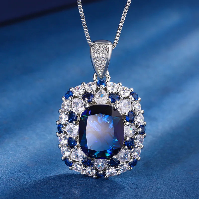 Gemfiori European and American Jewelry British Queen's Blue Zircon Jewelry Pendant Ring Zircon Women's Set