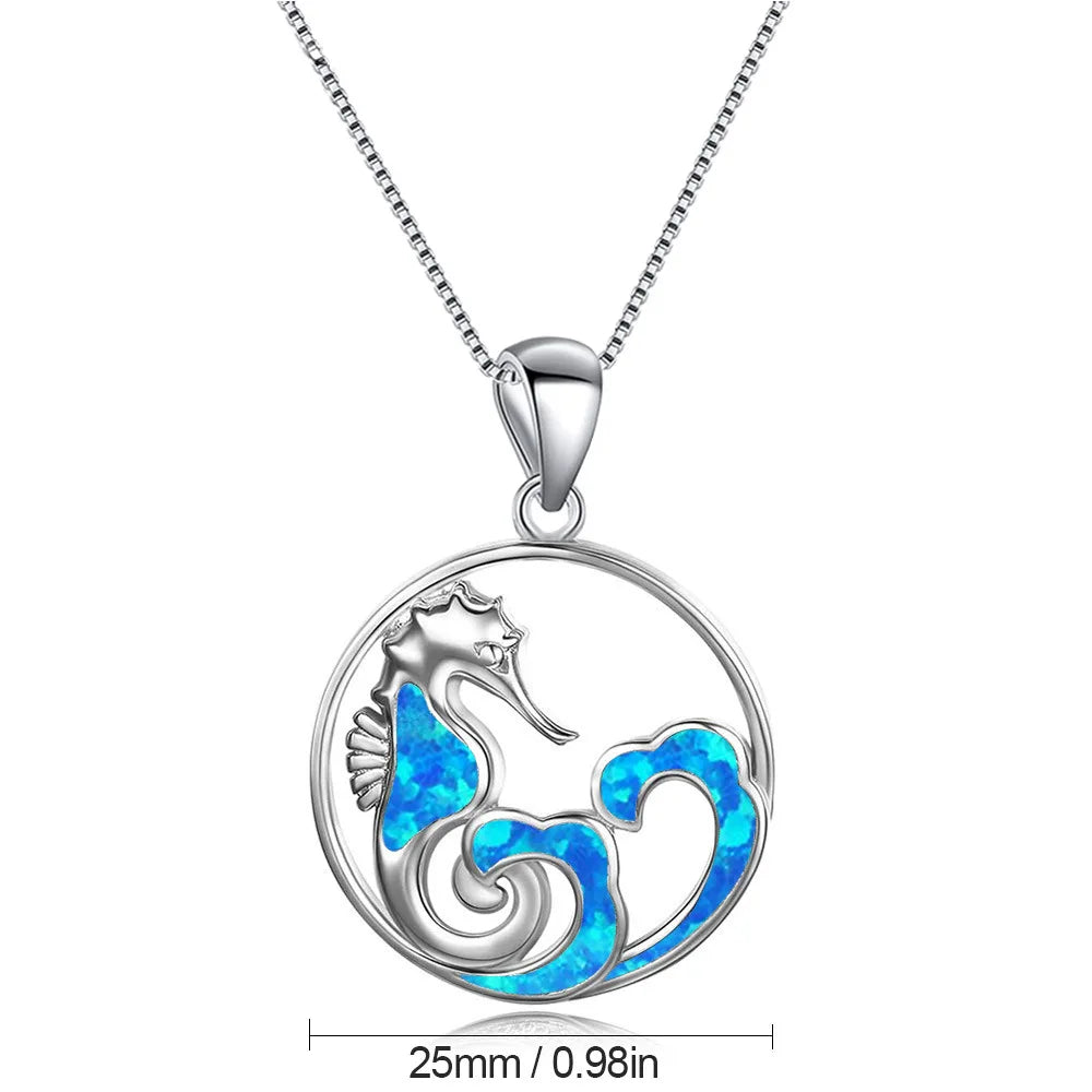 Aobao Christian Copper Link Chain Seahorse Opal Necklace Wave Pendant Sweater Chain