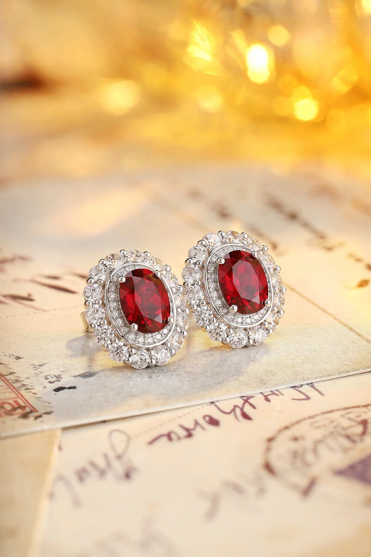 Gemfiori Classic 925 Sterling Silver Rhodium Plated Lab Grown Ruby Earrings Gemstone Jewelry Halo Stud Earring for Women