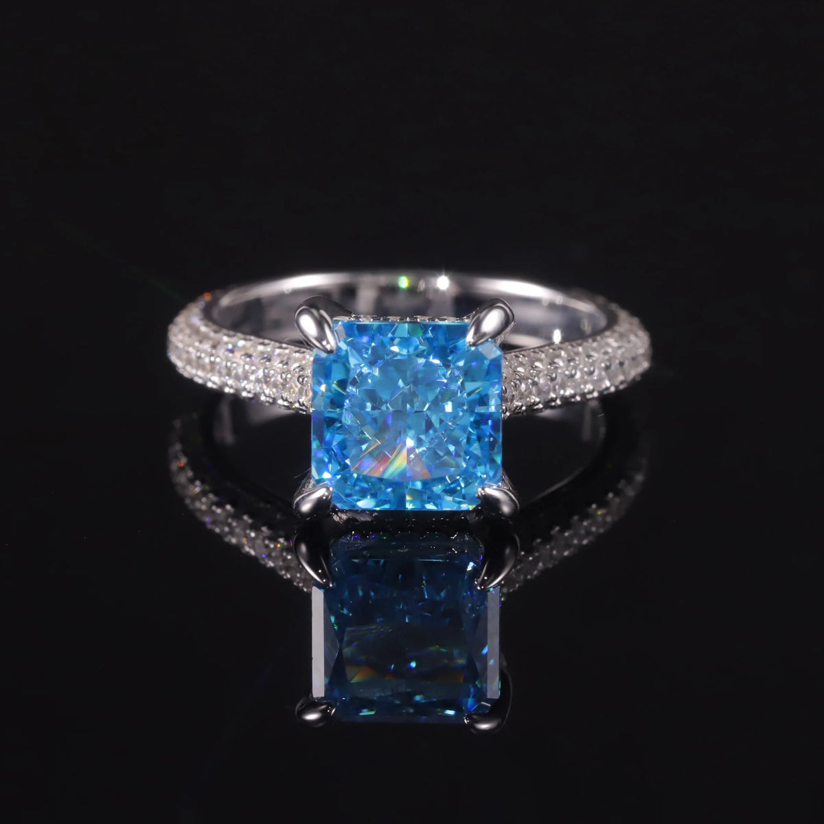 ArtistA AR053 Abiding Luxury Custom Cushion Shape 9x9MM Ice Cut Diamond-fire CZ Aqua Blue Cubic Zirconia Engagement Half Eternity Ring