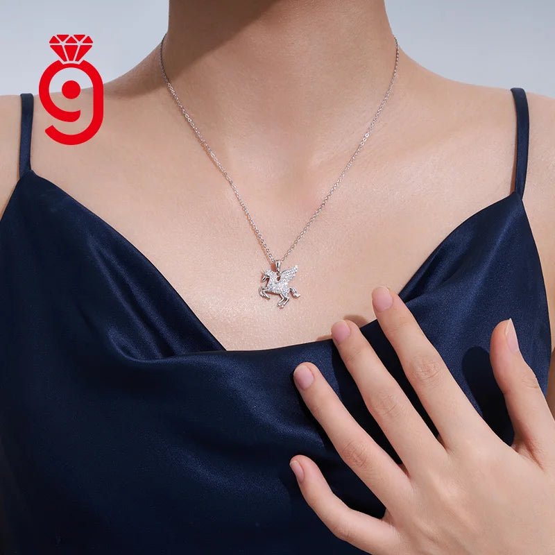 Romantic Full Pave Winged Unicorn S925 Silver VVS Round Brilliant Cut All Encrusted Dainty GRA Certified Moissanite Necklace