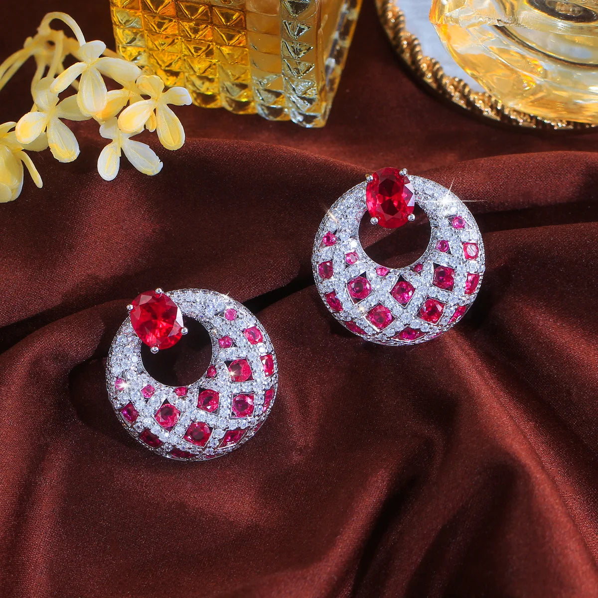S&S Pink Red CZ Big Round Dangle Drop Earrings – Rhodium Silver Plated – Collection