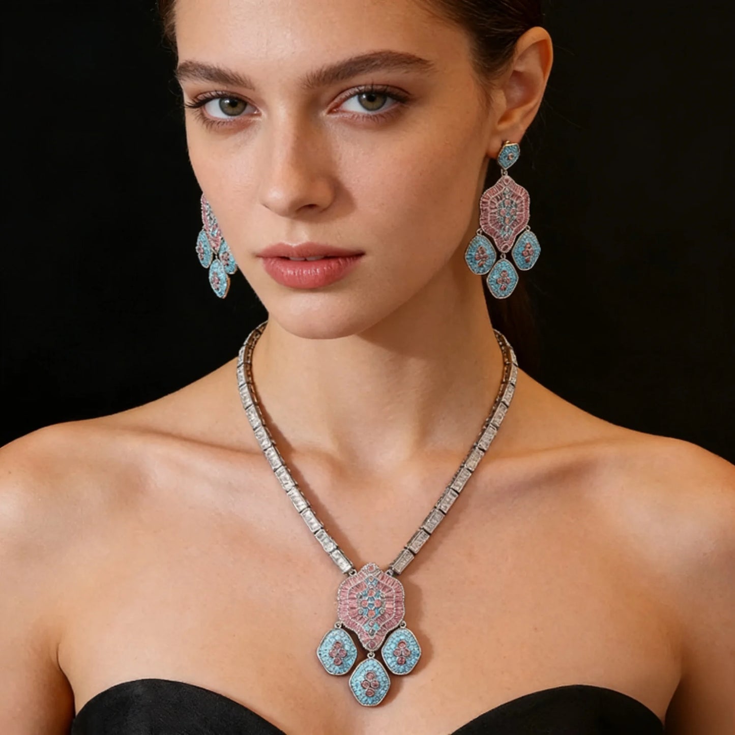 Bella Viva Vintage Pink and Blue Cubic Zirconia Necklace and Earring Sets, Platinum Plated Brass, Statement Jewelry for Party