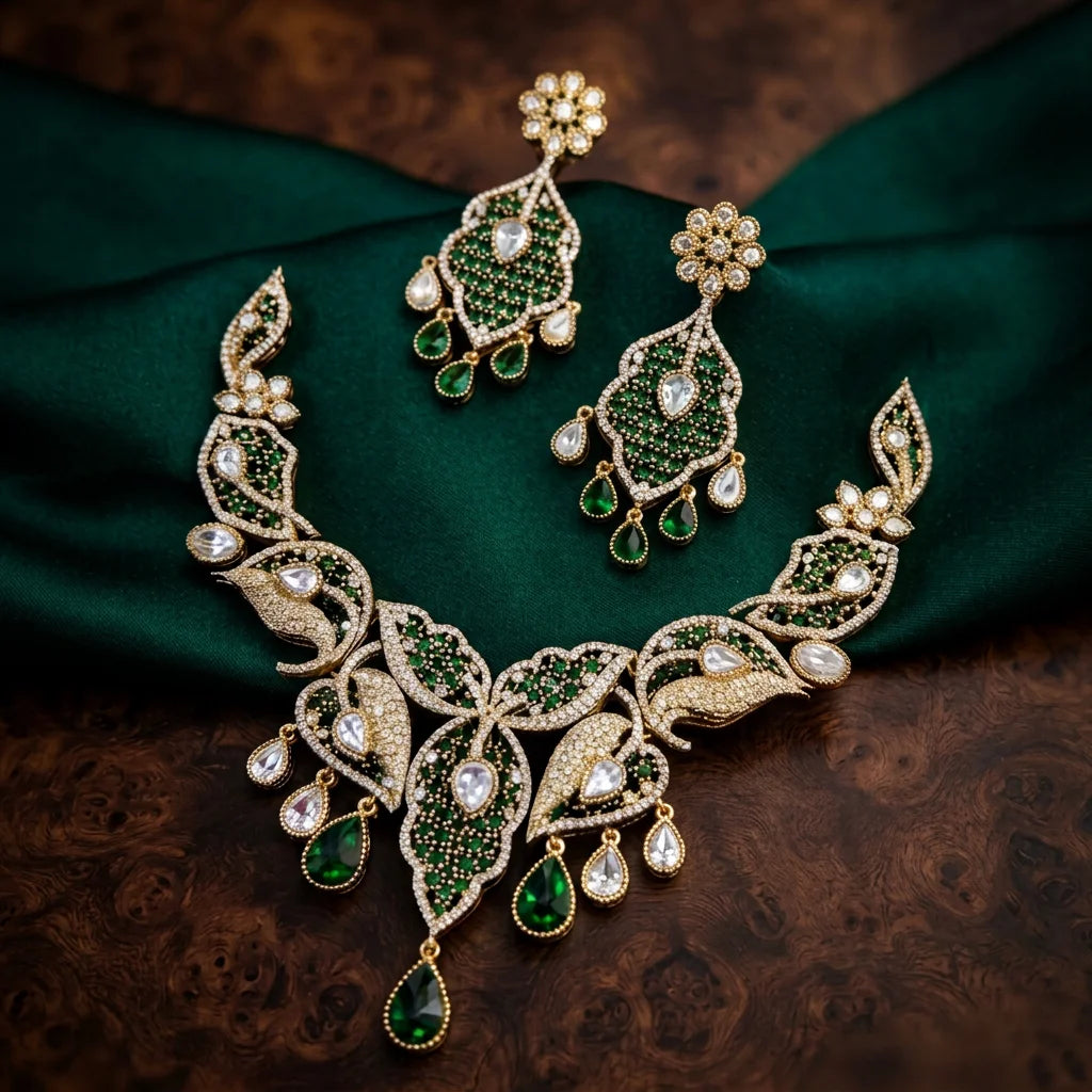 Elegant Emerald Leaf Necklace Set Gold Plated Green Stone Bridal Wedding Party Luxury Jewelry Set for Women Gift Wear
