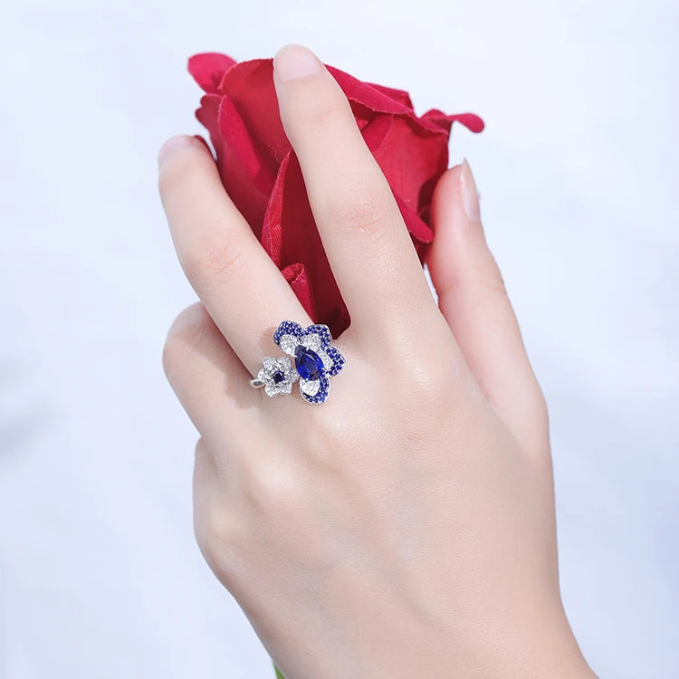 Gemfiori Female Luxurious Flower Ring Resizeable Blue Sapphire Diamond 14k 18k Rings in Solid Gold