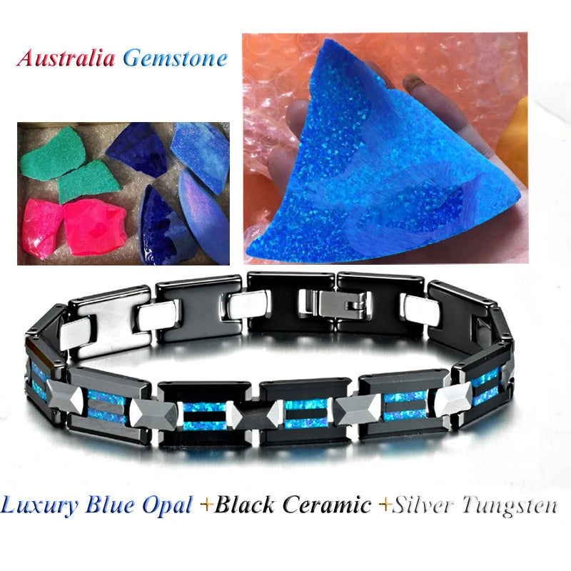 Luxury Hypoallergenic Black Ceramic Natural Blue Opal Bracelets for Men and Women Charm Bangles Tungsten Carbide Jewelry