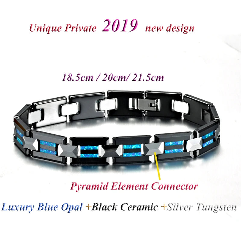 Luxury Hypoallergenic Black Ceramic Natural Blue Opal Bracelets for Men and Women Charm Bangles Tungsten Carbide Jewelry