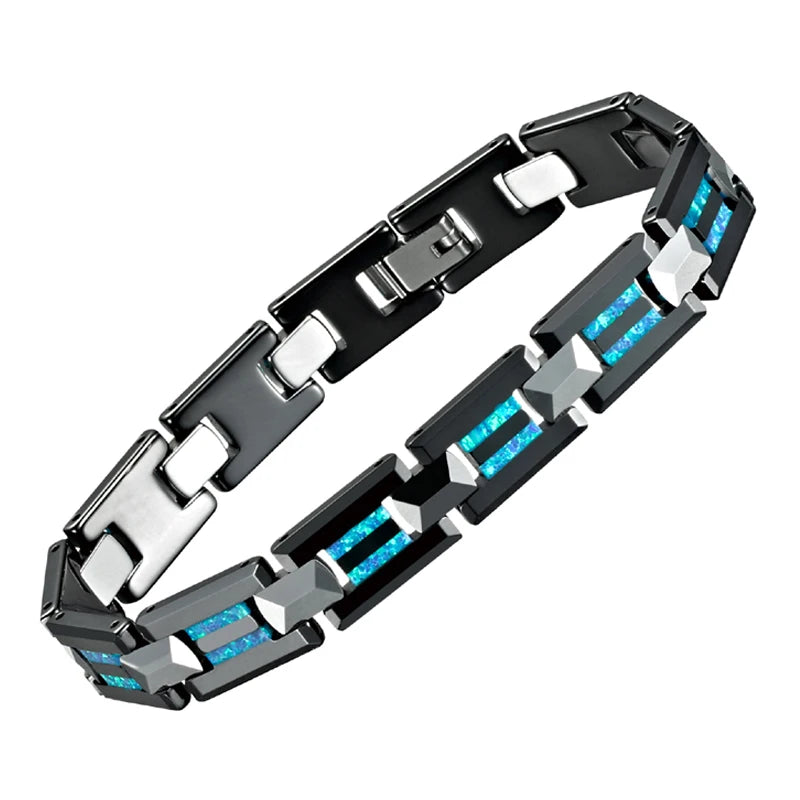 Luxury Hypoallergenic Black Ceramic Natural Blue Opal Bracelets for Men and Women Charm Bangles Tungsten Carbide Jewelry