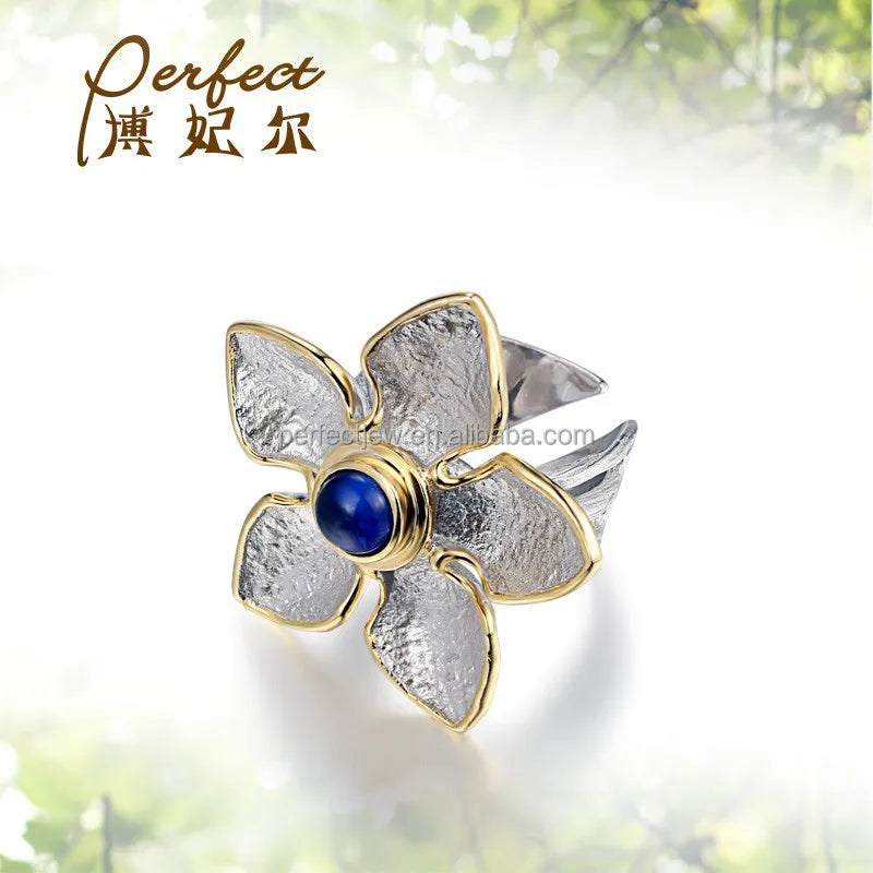 Nature Blue Glass Handmade 925 Sterling Silver Ring Jewelry with Gold Plated
