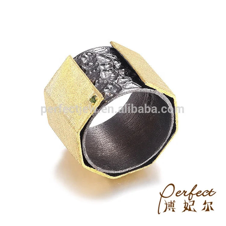 Saudi Arabia  Diopside Stone 925 Sterling Silver Ring with Gold Plated for Men