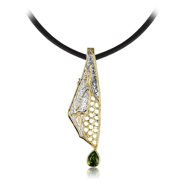 Handmade Rhodium & 18K Gold Plated Sterling Silver Pendant Jewelry with Peridot in Bezel Setting for Women