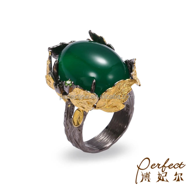 Big Natural Green Agate 925 Silver Leaf Ring for Gift