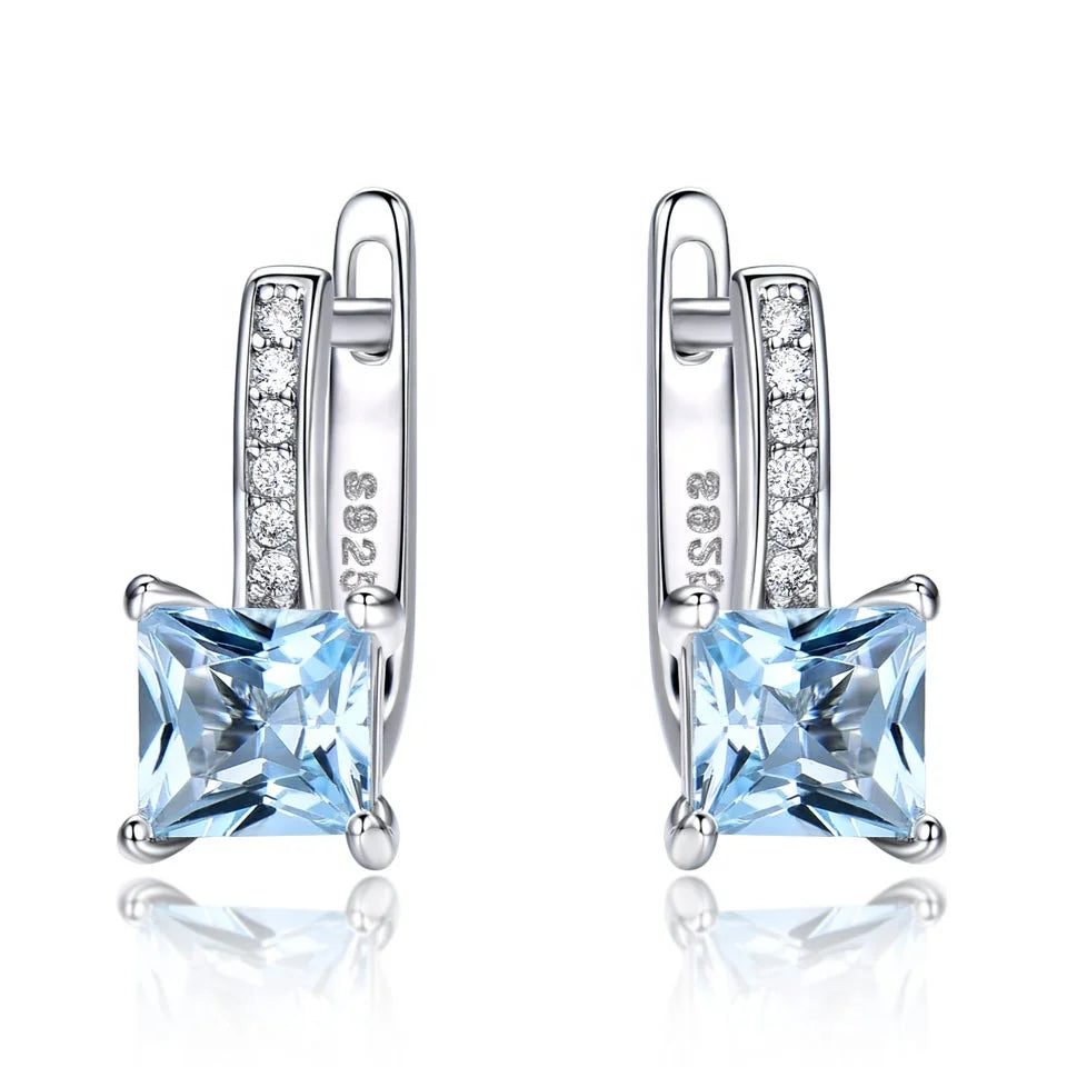 Fashion Jewelry Classic Rhodium Plated 925 Sterling Silver Earrings Blue Topaz Stone Hinged Backing Clip-On Earring for Women