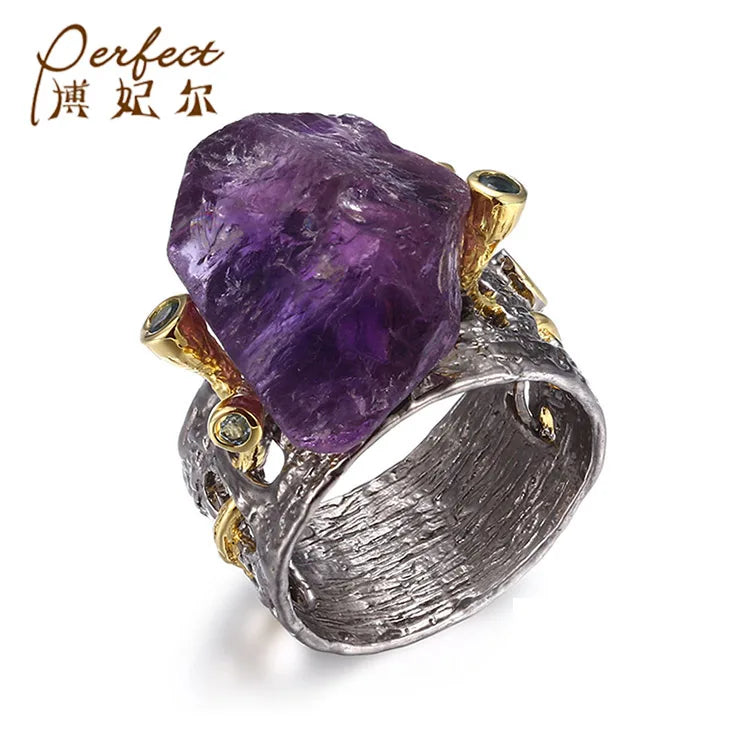 Custom Black Vintage Amethyst Finger Ring  Unisex Sterling Silver Ring Custom