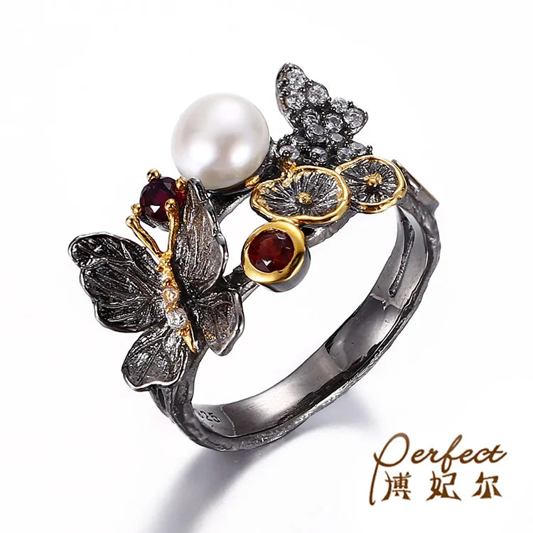Butterfly Design Button Pearl 925 Sterling Silver Ring